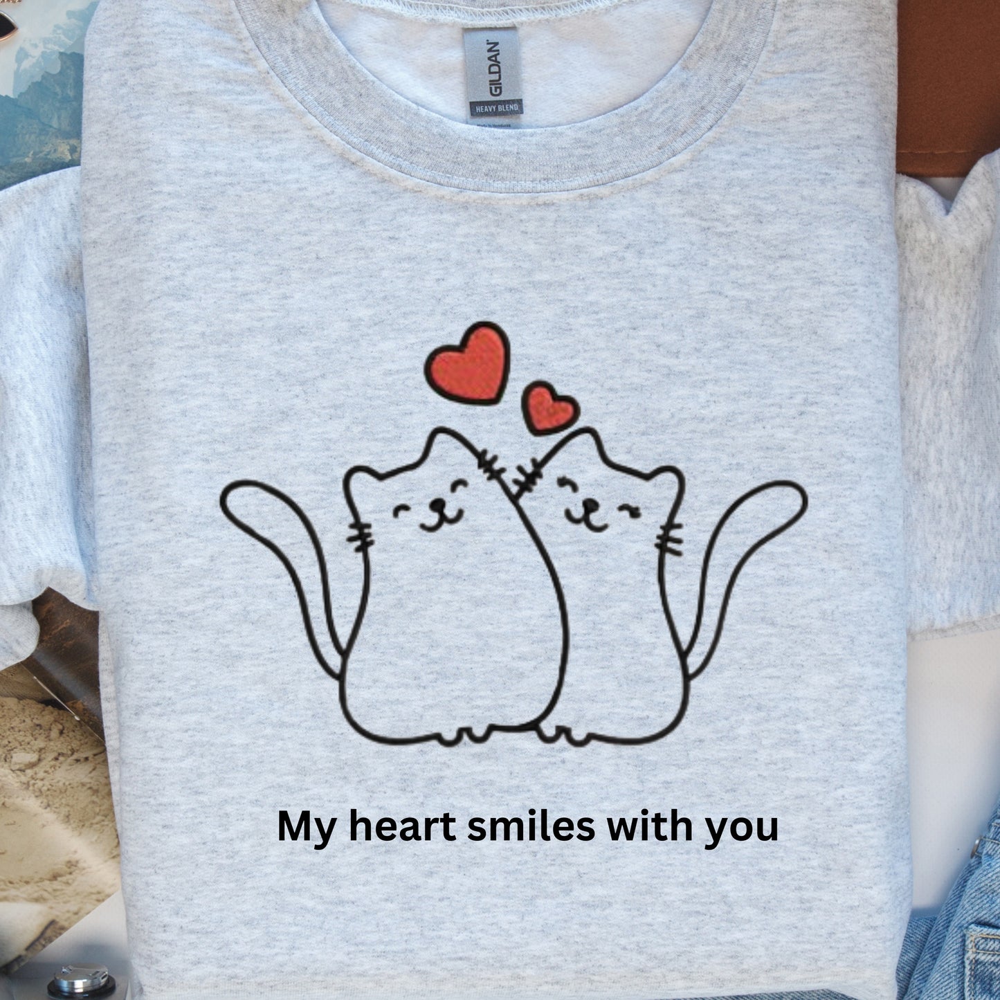 "My Heart Smiles with You" Embroidered Sweatshirt – Adorable Two Cats in Love Design.