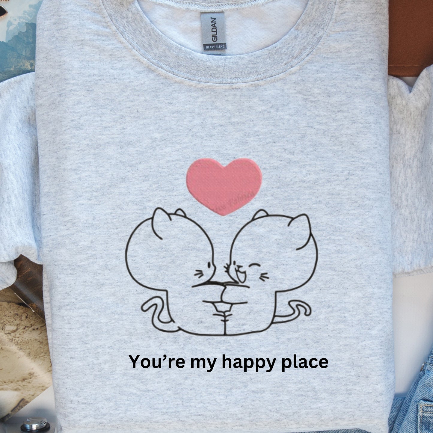 "You Are My Happy Place" Embroidered Sweatshirt – Adorable Two Cats Holding Hands Design.