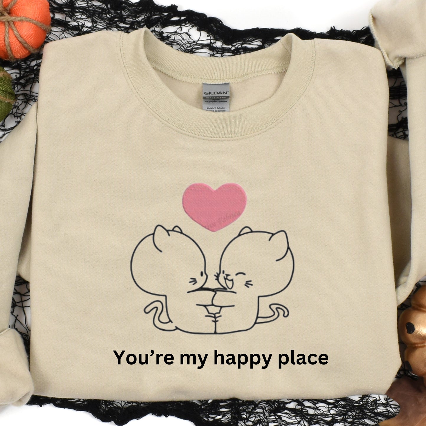 "You Are My Happy Place" Embroidered Sweatshirt – Adorable Two Cats Holding Hands Design.