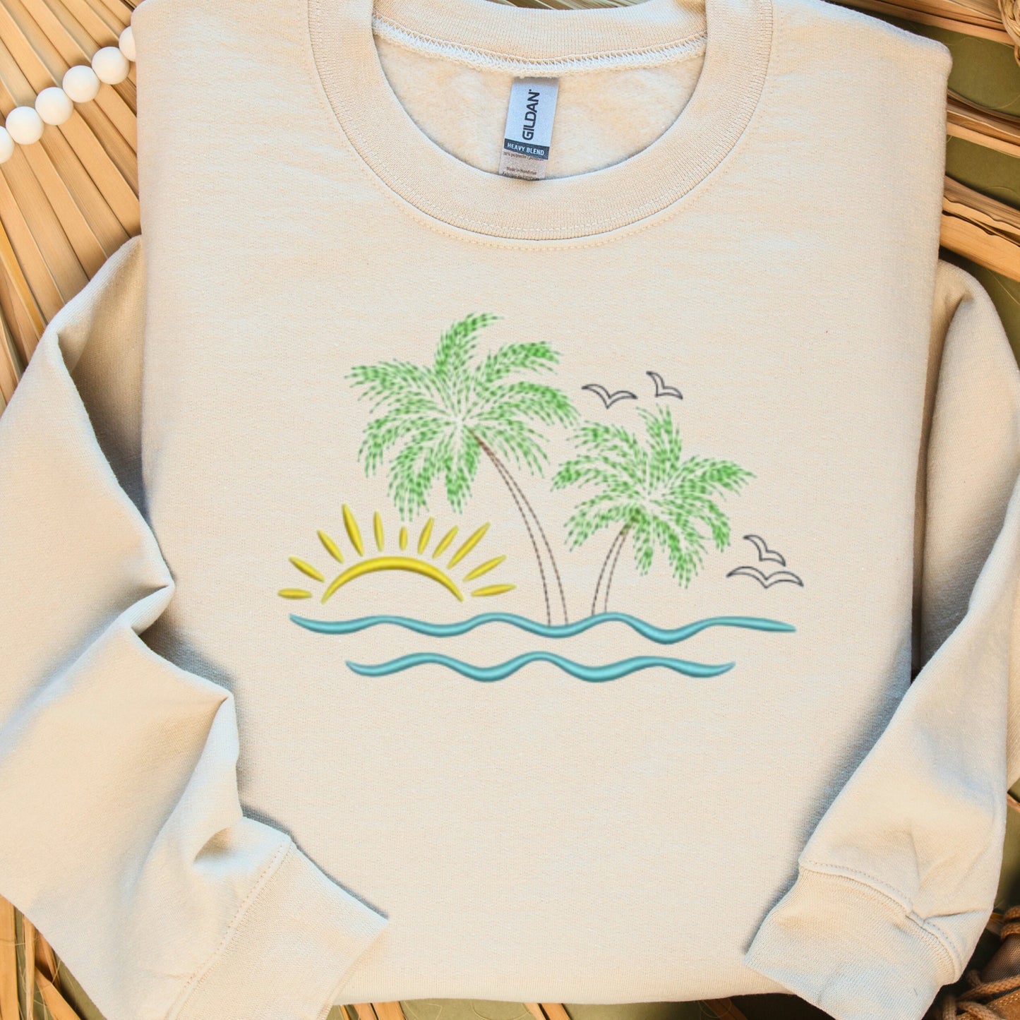 Elegant  Nature Lover Embroidery Sweatshirt, Palm Trees, Sunrise And Sea Tropical Bliss Nature Inspired Design