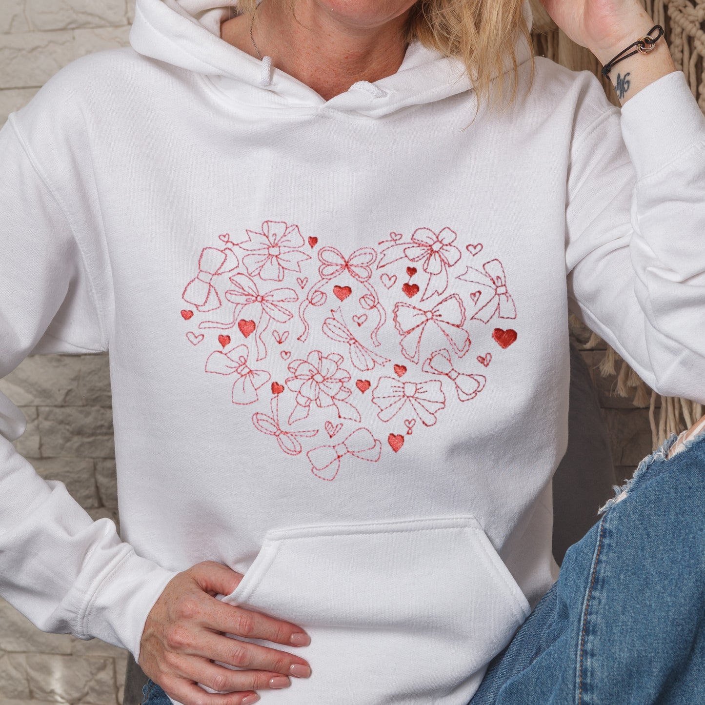 Elegant Comfort "Heart Bows" Embroidered Sweatshirt For Every Occasion.