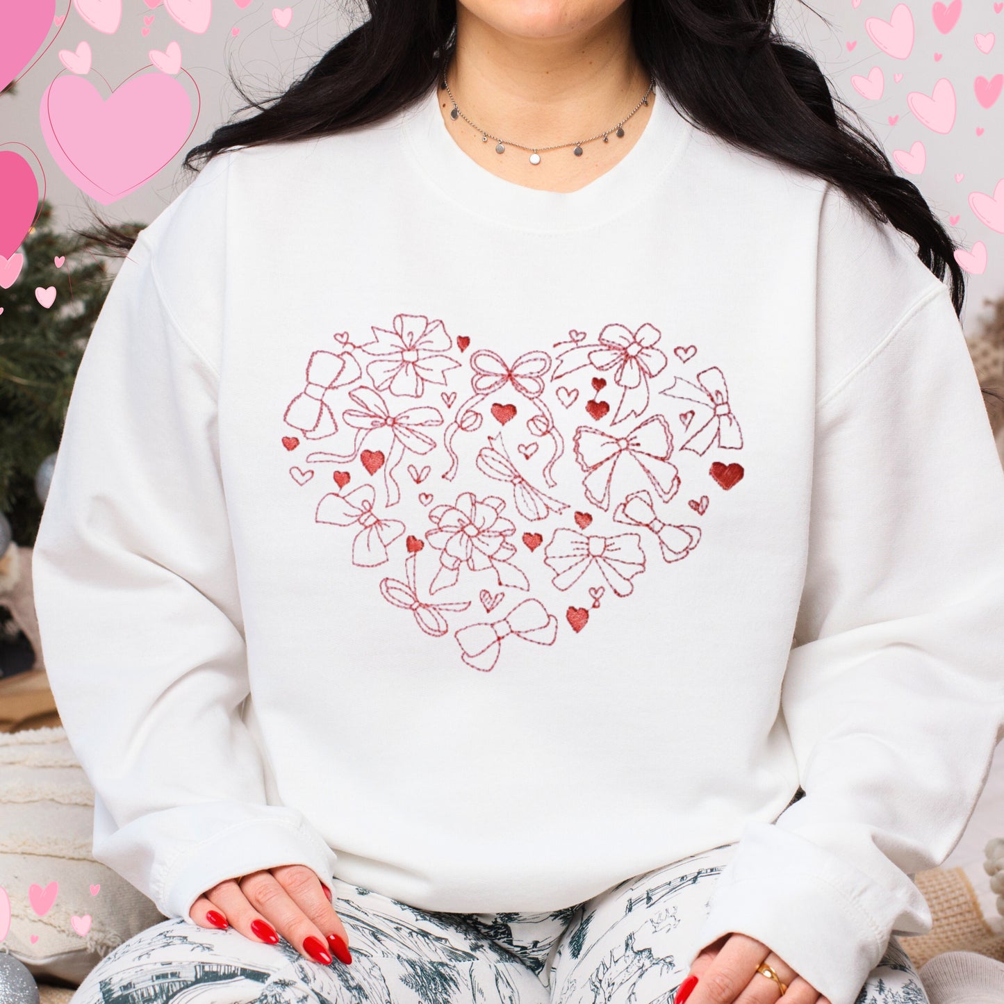 Elegant Comfort "Heart Bows" Embroidered Sweatshirt For Every Occasion.