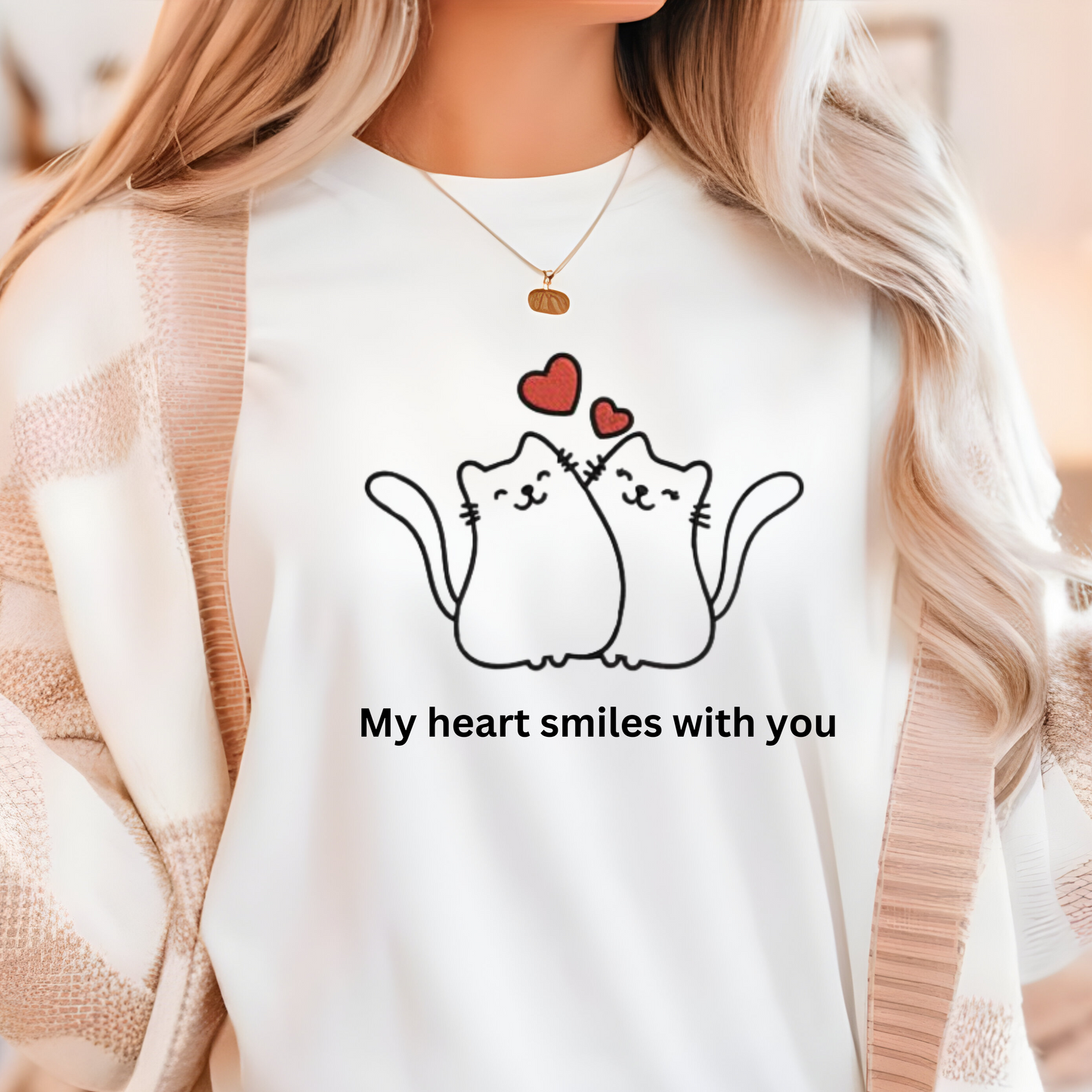 "My Heart Smiles with You" Embroidered Sweatshirt – Adorable Two Cats in Love Design.