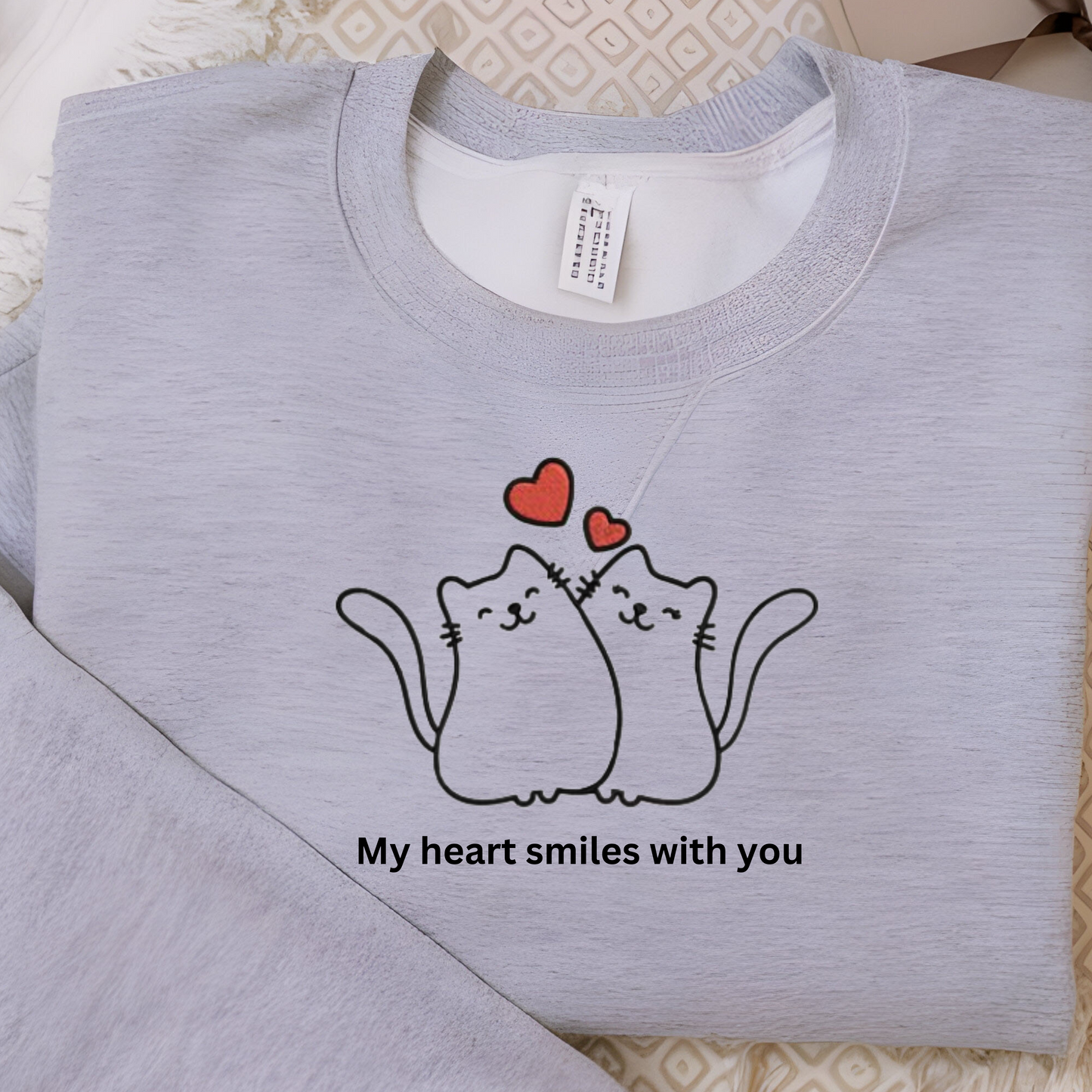 "My Heart Smiles with You" Embroidered Sweatshirt – Adorable Two Cats in Love Design.