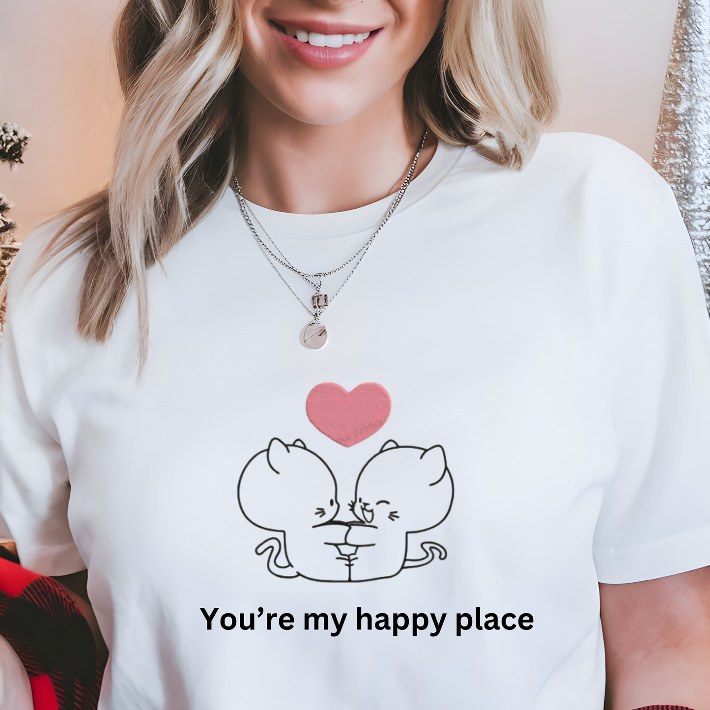 "You Are My Happy Place" Embroidered Sweatshirt – Adorable Two Cats Holding Hands Design.