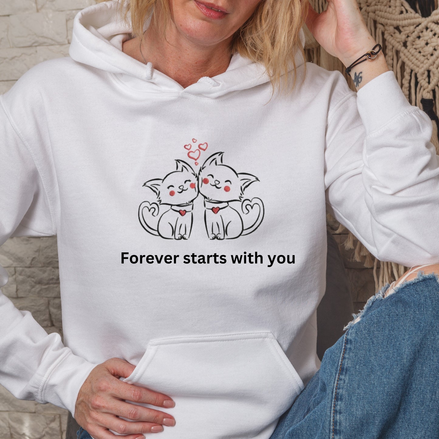 Forever Starts with You Embroidered Sweatshirt Adorable Cute Cat Design for Confident Souls. Cat Lover’s Sweatshirt.