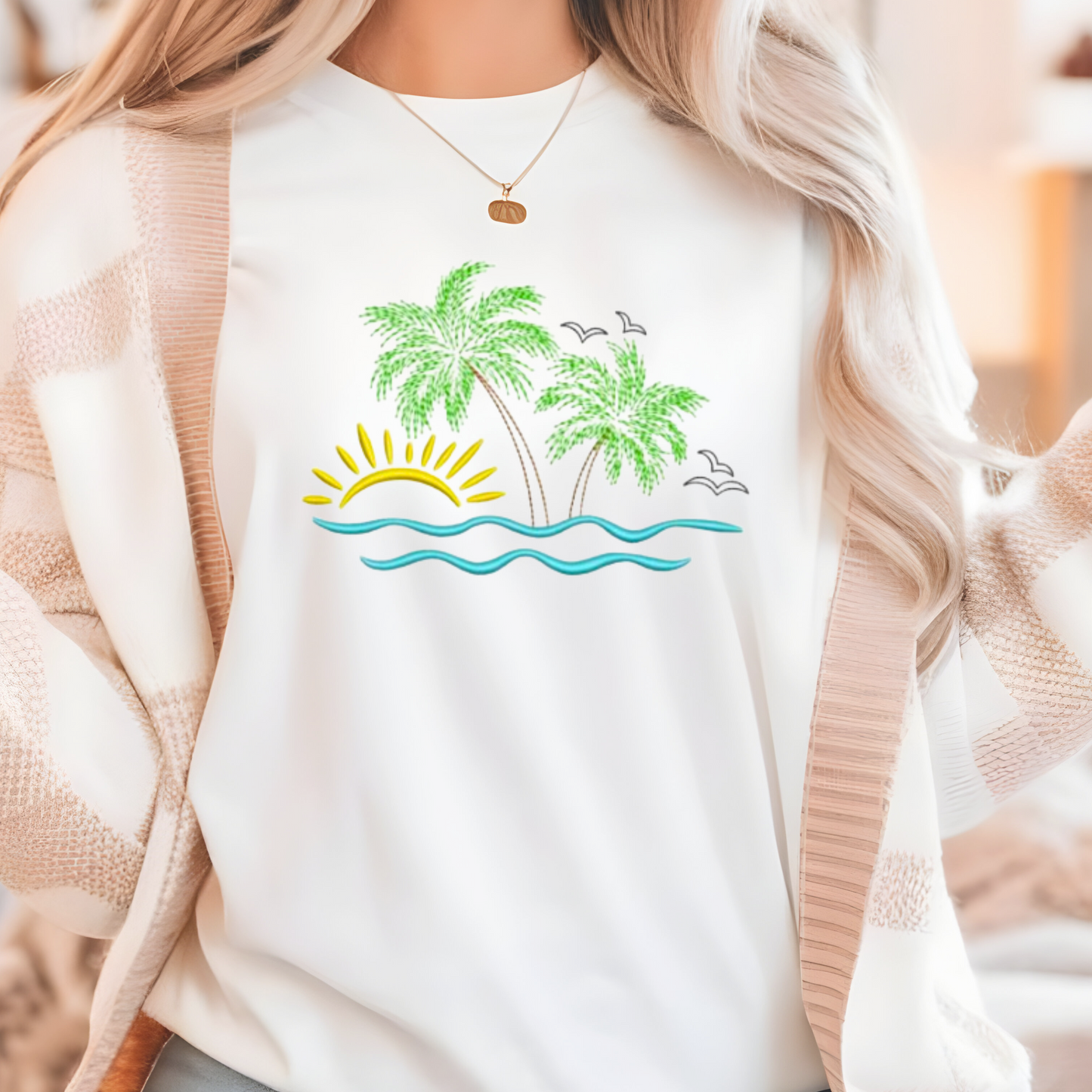 Elegant  Nature Lover Embroidery Sweatshirt, Palm Trees, Sunrise And Sea Tropical Bliss Nature Inspired Design