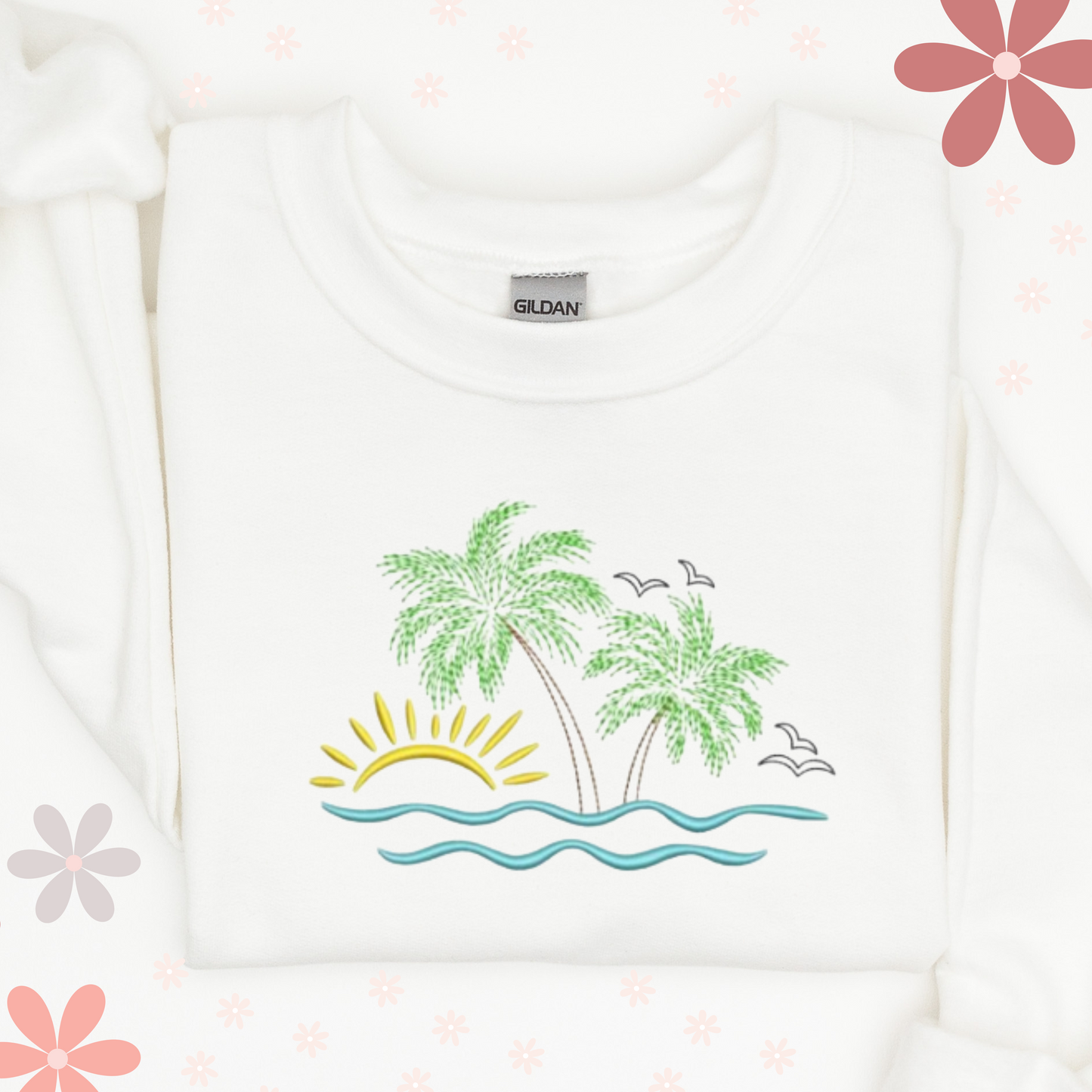 Elegant  Nature Lover Embroidery Sweatshirt, Palm Trees, Sunrise And Sea Tropical Bliss Nature Inspired Design