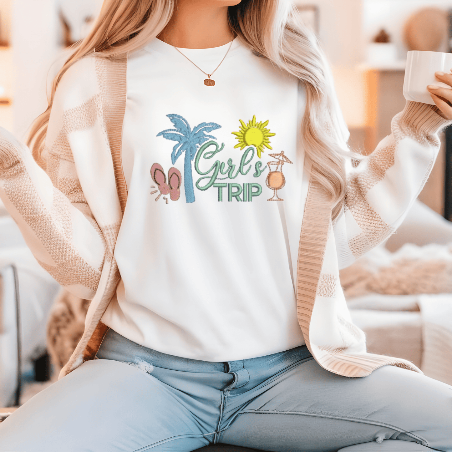 Girl’s Trip Relax, Unwind, and Wear the Vibes Seaside Embroidered Sweatshirts for the Ultimate Getaway