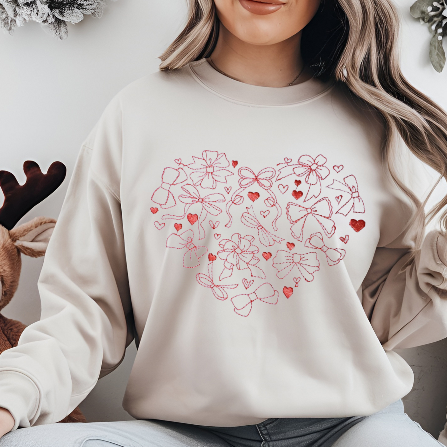 Elegant Comfort "Heart Bows" Embroidered Sweatshirt For Every Occasion.