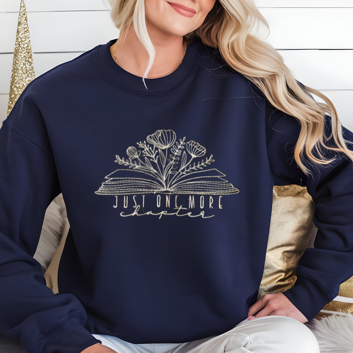 Just One More Chapter For the Book Lovers Cozy Embroidered Crewneck Sweatshirt